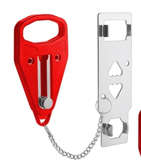Twelve compact stainless steel portable door locks in a pack