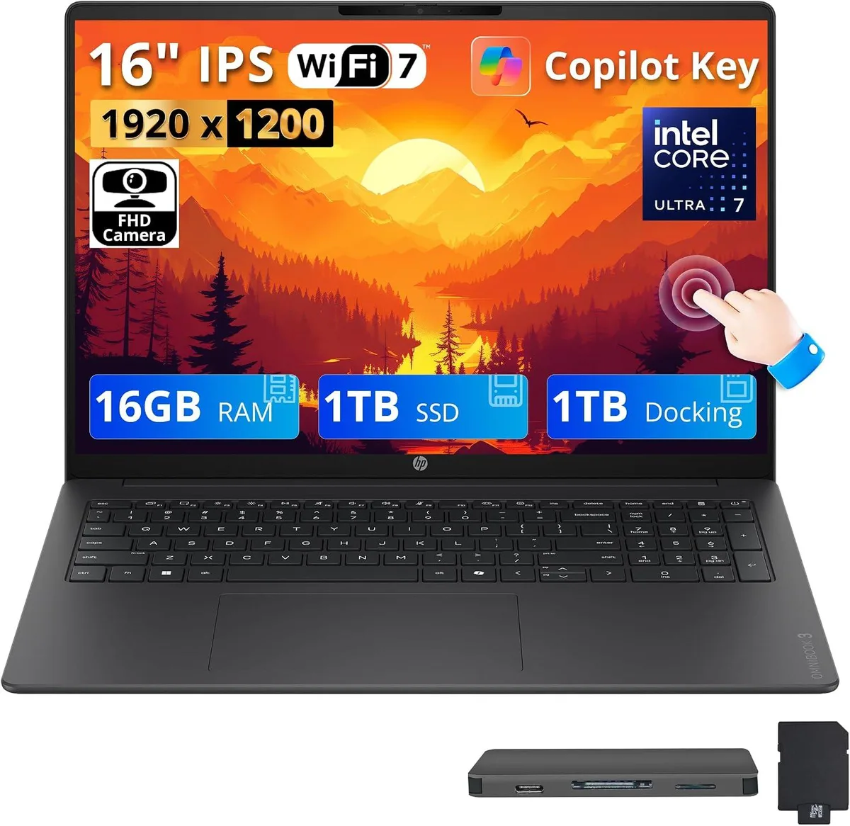 HP HP OmniBook 3 16" WUXGA Touch Intel Core Ultra 7 255U 16GB DDR5 1TB SSD 1TB Dock Mica Silver business laptop — product photo