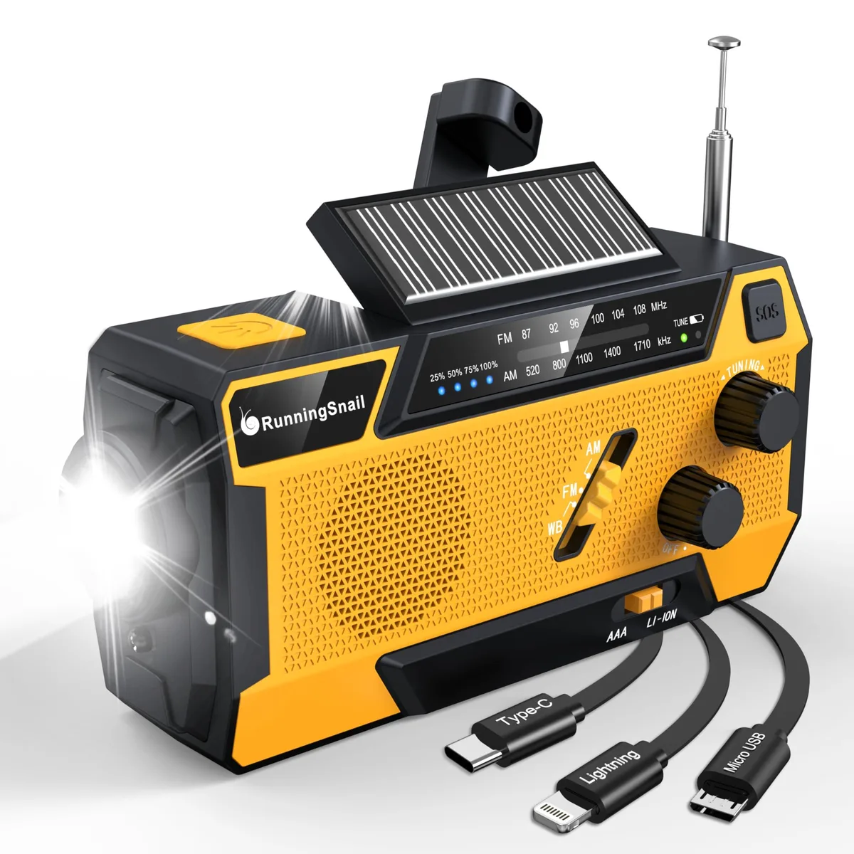 Compact orange emergency radio with crank handle and solar panel, 6.47 x 2.46 x 3.07 inches, .74 lb