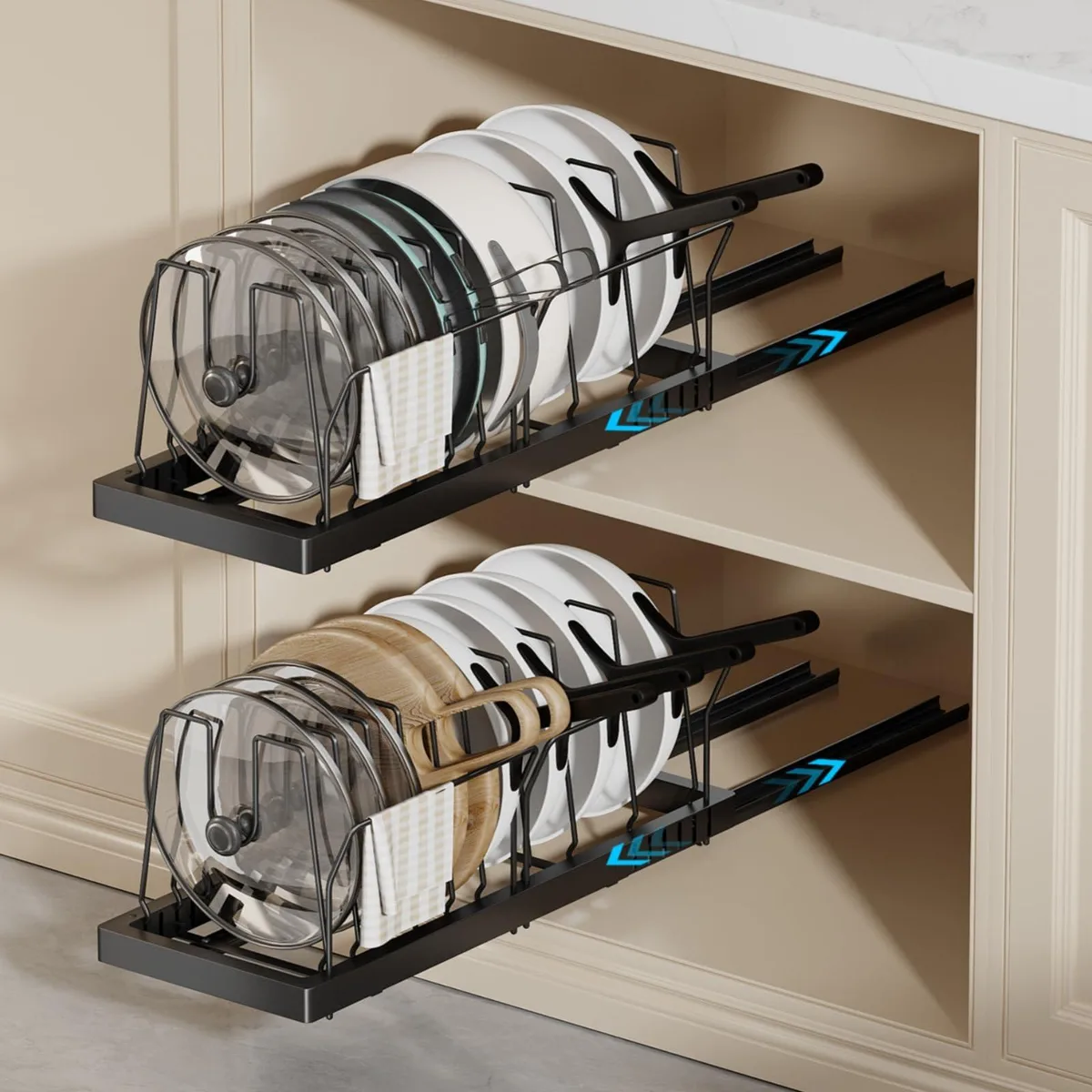Black expandable pot and pan organizer with ten adjustable dividers and pull-out rails