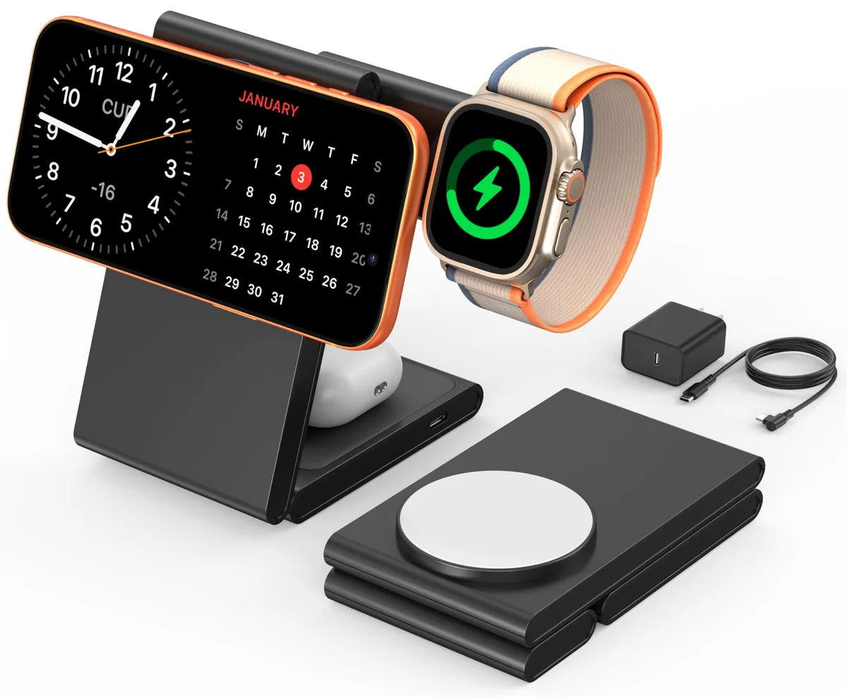Foldable 3-in-1 wireless charger stand for iPhone, AirPods, Apple Watch
