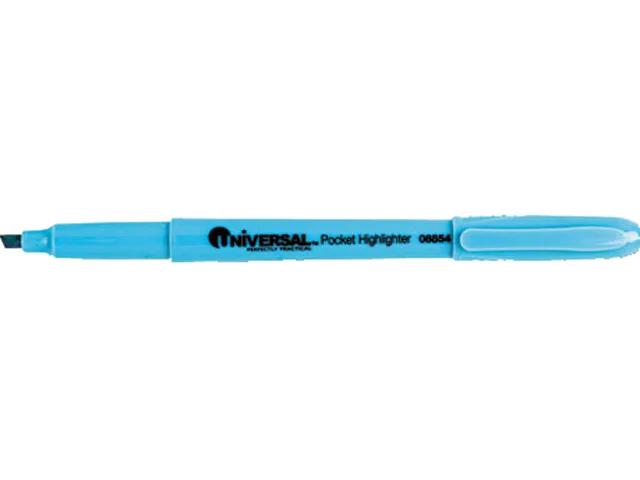 Blue fluorescent highlighter pen with chisel tip and pocket clip