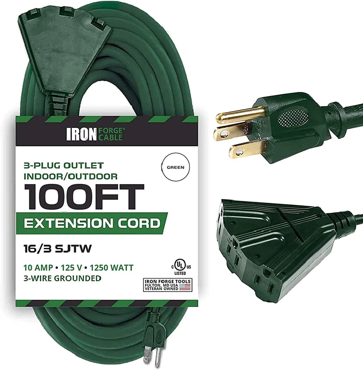 BFKK BFKK 100 Ft 16/3 SJTW Green Power Extension Cord 3 Outlets — product photo