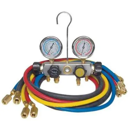 Dayton Dayton 4PDG2 manifold gauge set 4 valve 4 hose 6 ft 0 500 psi 30 in Hg 350 psi R12 R22 R502 — product photo