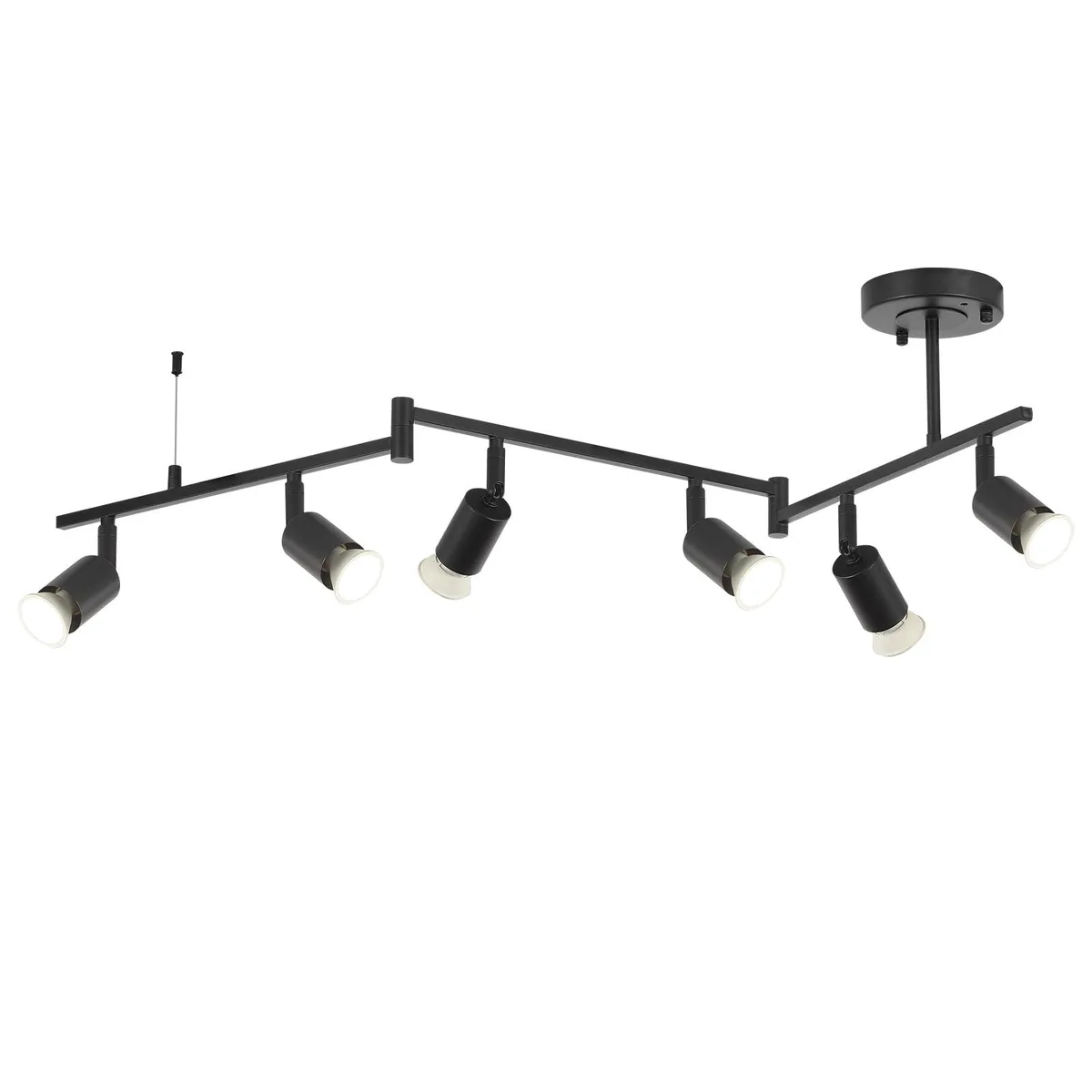 Black metal track light kit with six adjustable heads on three foldable arms, 46 inch linear bar