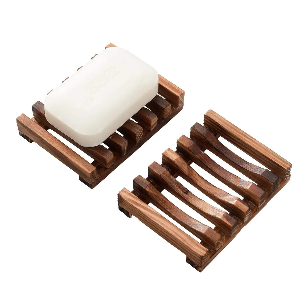 Three rectangular bamboo soap dishes with slatted drainage and rounded corners