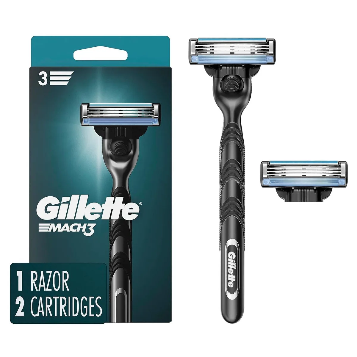Silver Mach3 cartridge razor handle with two blade refills in blister pack