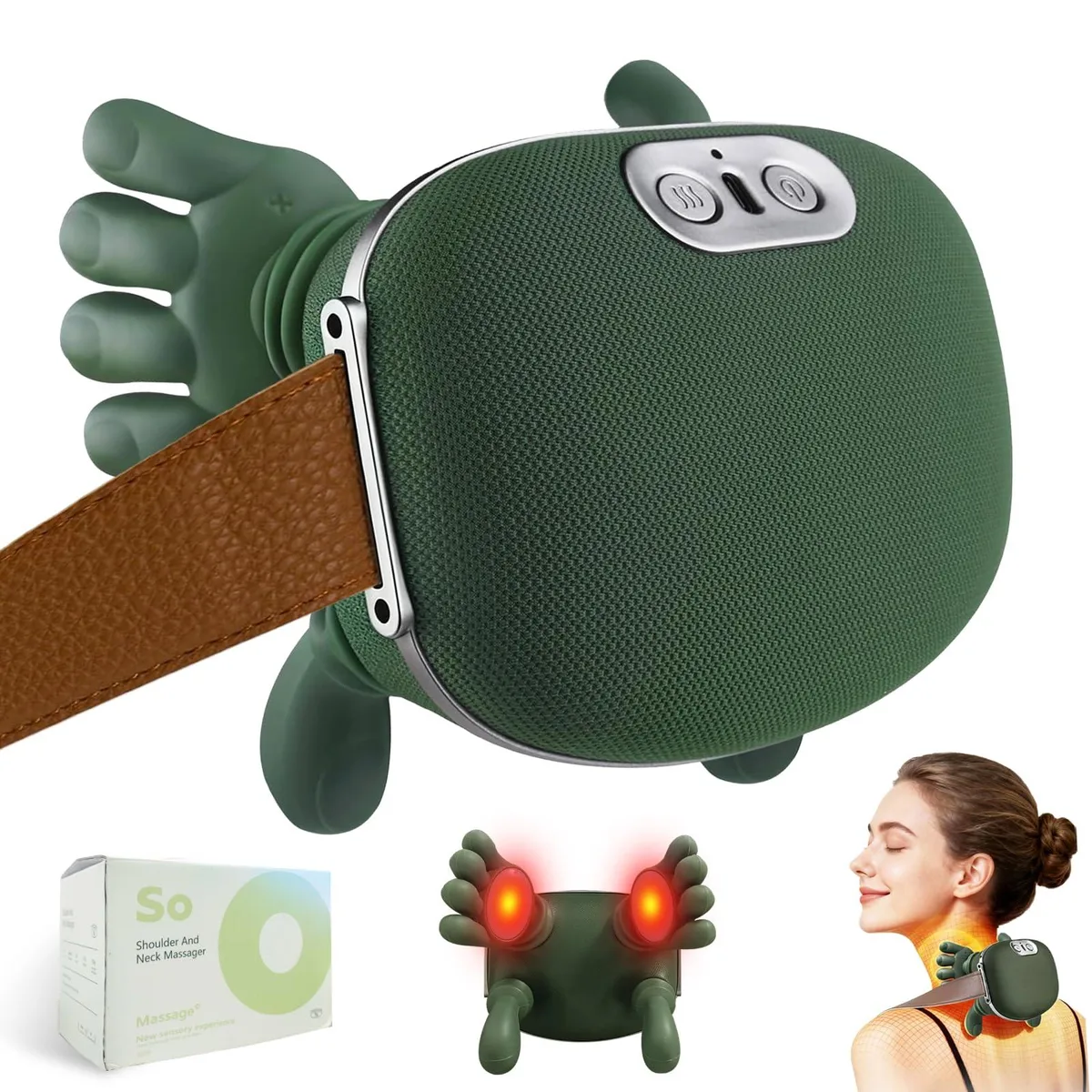 Blue U-shaped neck massager with finger-like nodes and mesh accents