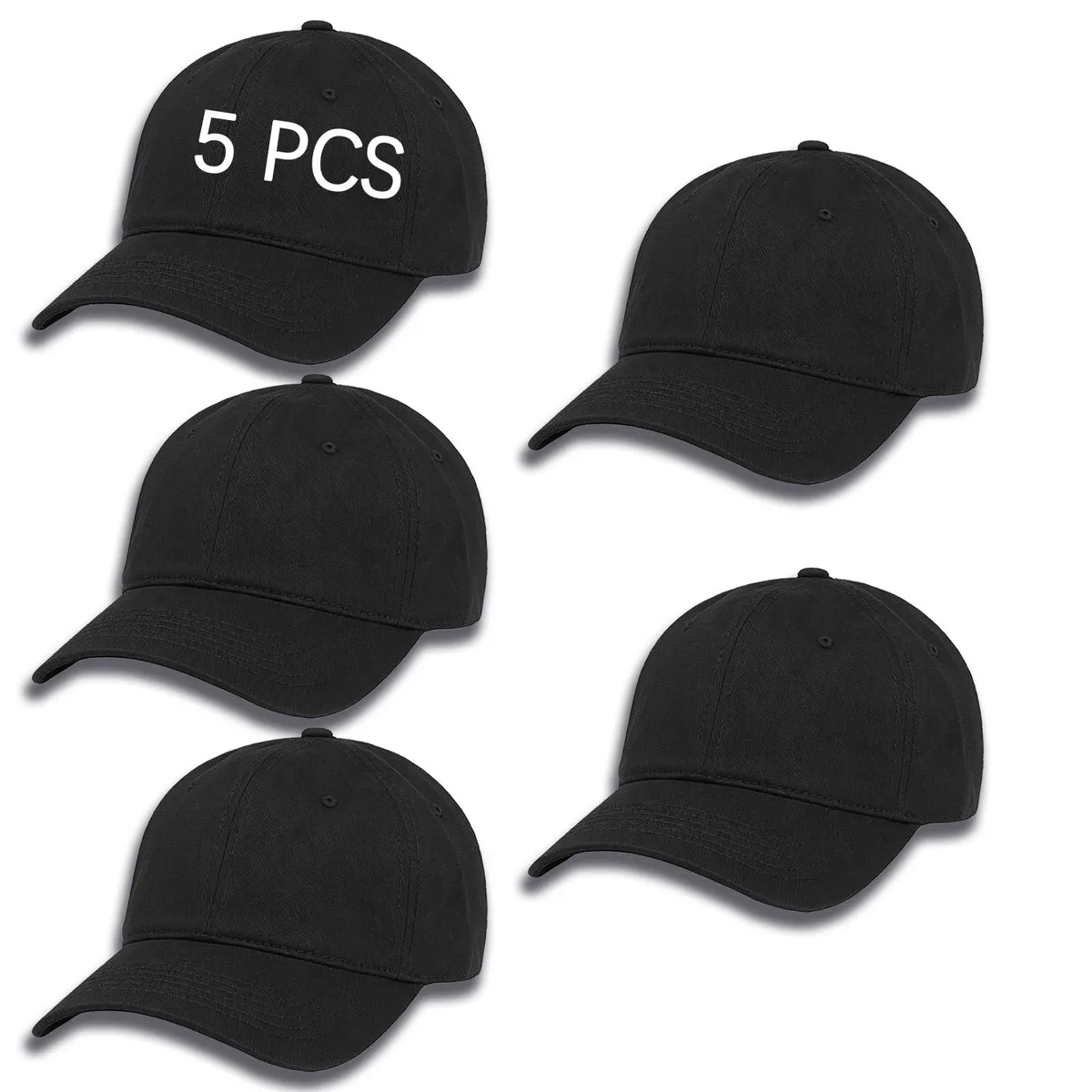  Black Classic Baseball Cap Adjustable Unisex 5 Pack Polyester — product photo