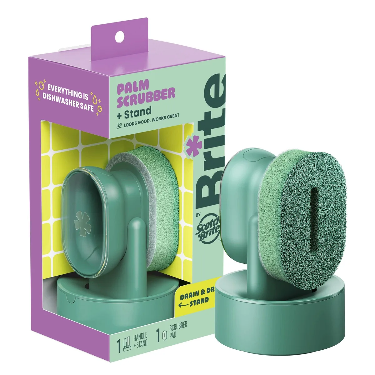 Palm scrubber with drain and dry stand plus scrub sponge
