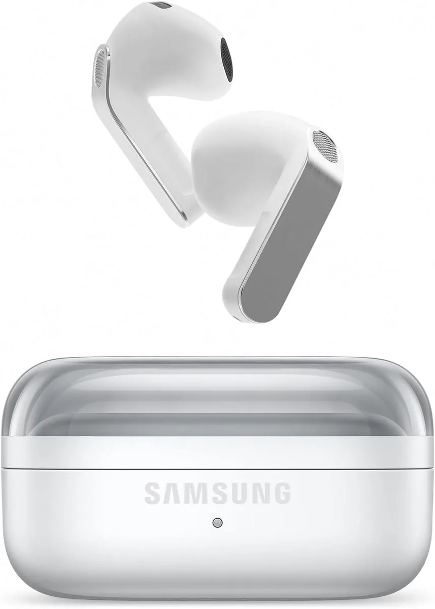 Pair of white in-ear true wireless earbuds in charging case
