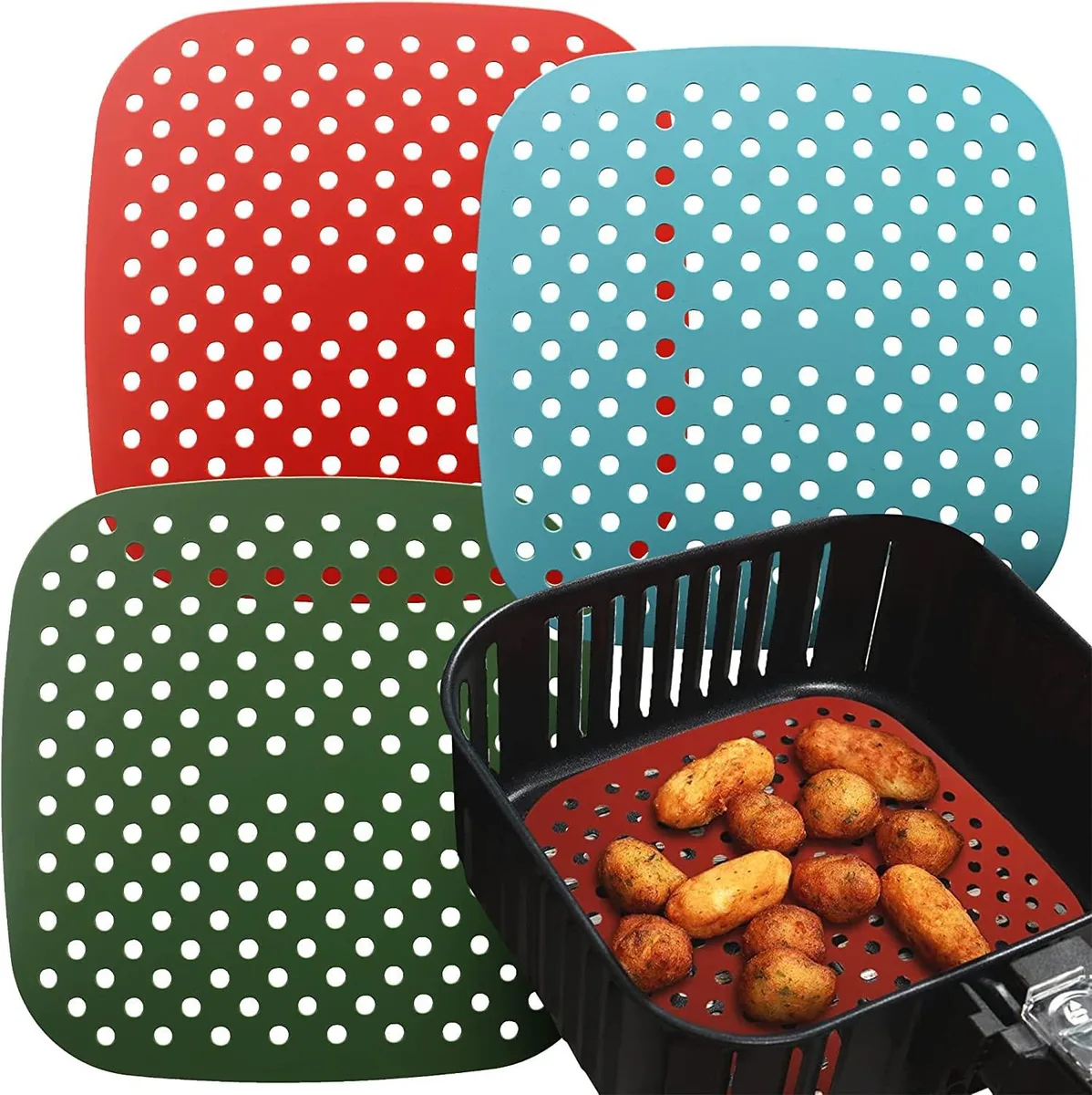 Three square silicone air fryer liners, 7.5 inch, perforated, matte finish