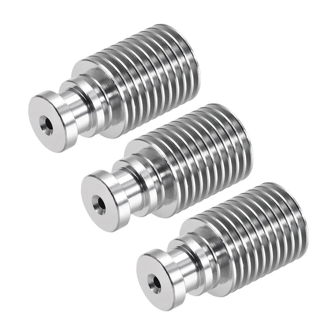Three silver aluminium heatsinks, 22.3 mm wide by 43 mm tall, M6 thread, 3 mm bore