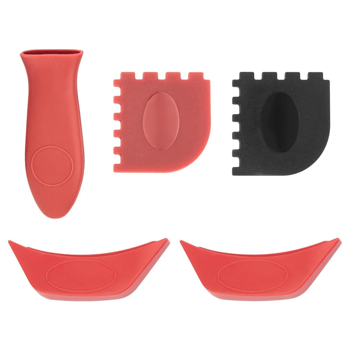 Red silicone handle holders and pan scrapers, five-piece set