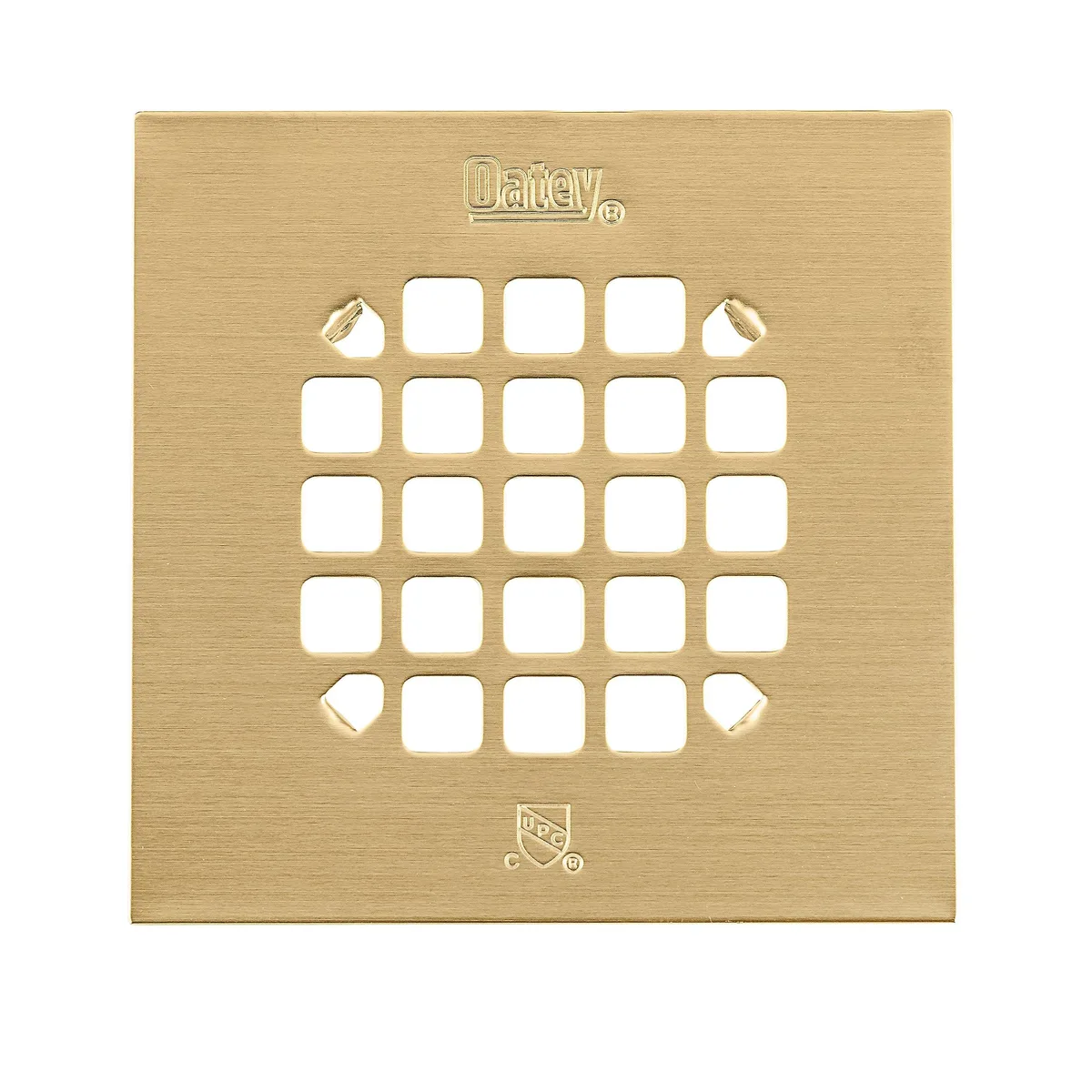 Twelve square snap-in shower strainers in brushed gold finish