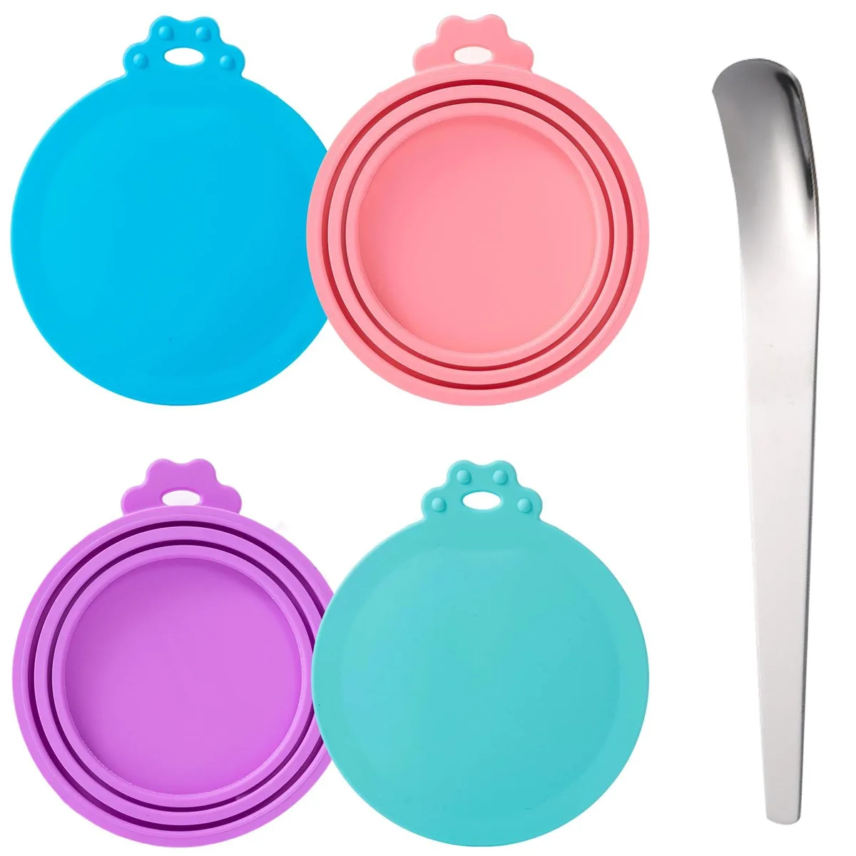 Blue silicone can cover with spoon, 3.5 inches diameter, flexible airtight fit
