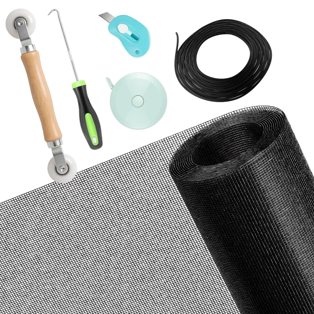Rolled black fiberglass mesh 39in x 78in with wooden roller spline tool hook cutter ruler