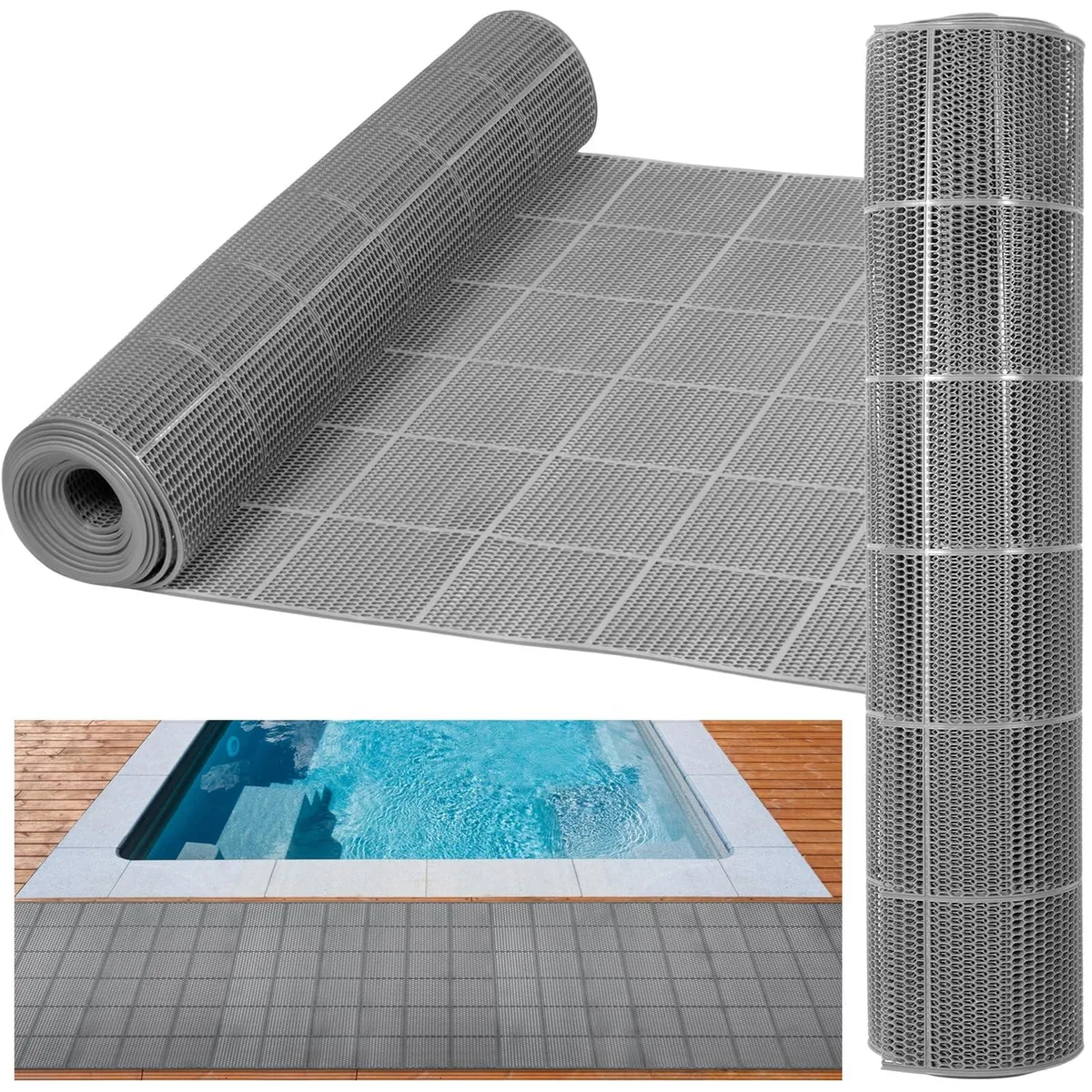 Grey rectangular PVC drainage mat with honeycomb mesh pattern, 35.4 by 118 inches, 4.5 mm thick