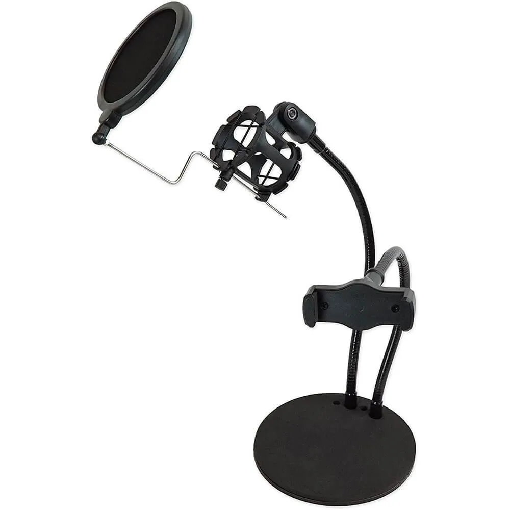 Broadcast kit with two flexible gooseneck arms, phone holder and pop filter