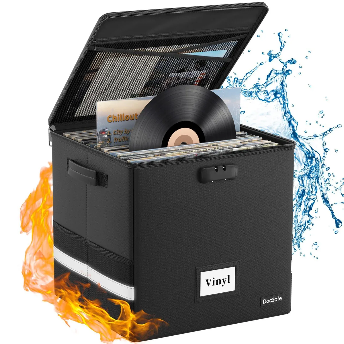 Black collapsible vinyl record storage box with lid, handles, combination lock and zipper closure