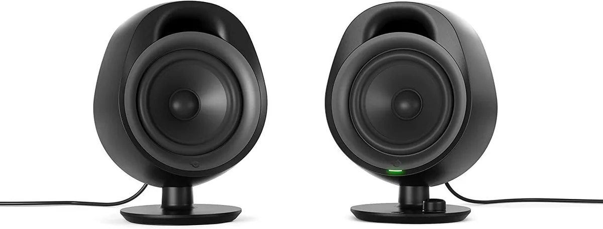 Pair of black desktop speakers with 4 inch drivers, adjustable stands, volume dial and Bluetooth 3