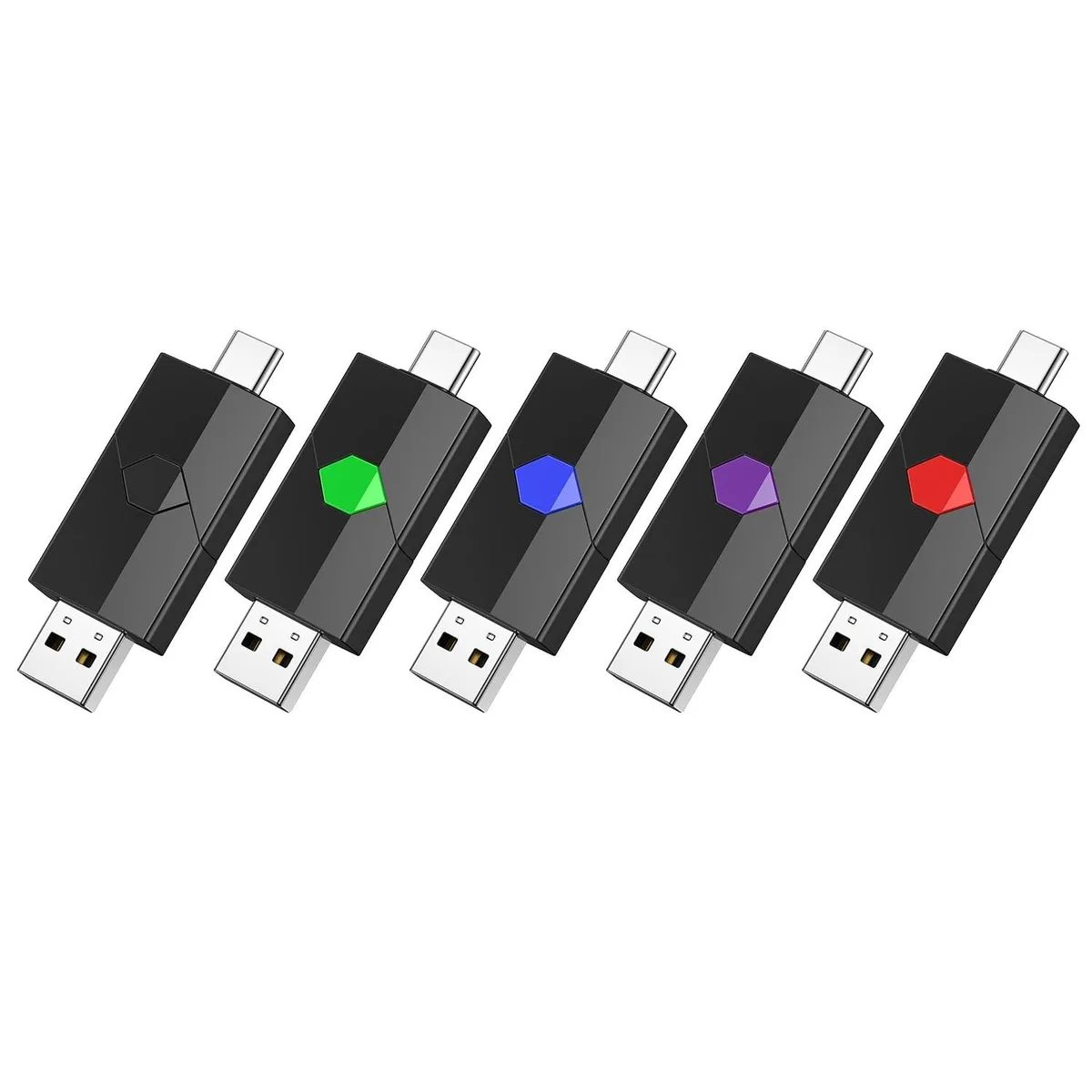 Five retractable dual-connector USB flash drives in black green red blue purple