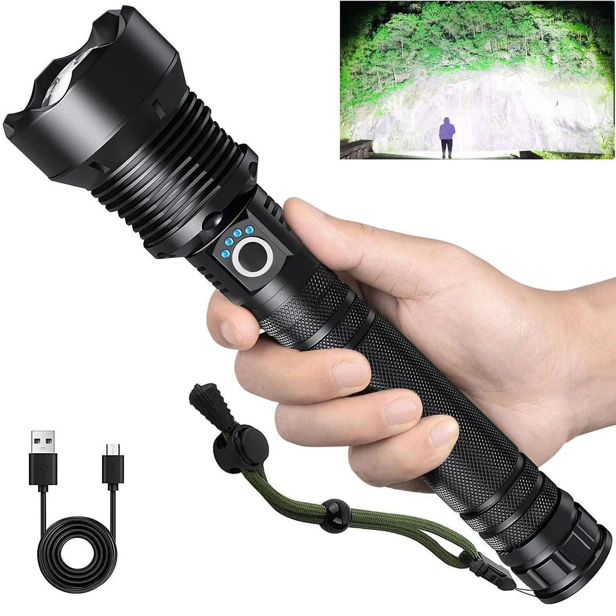 Black cylindrical flashlight with textured grip and USB-C port