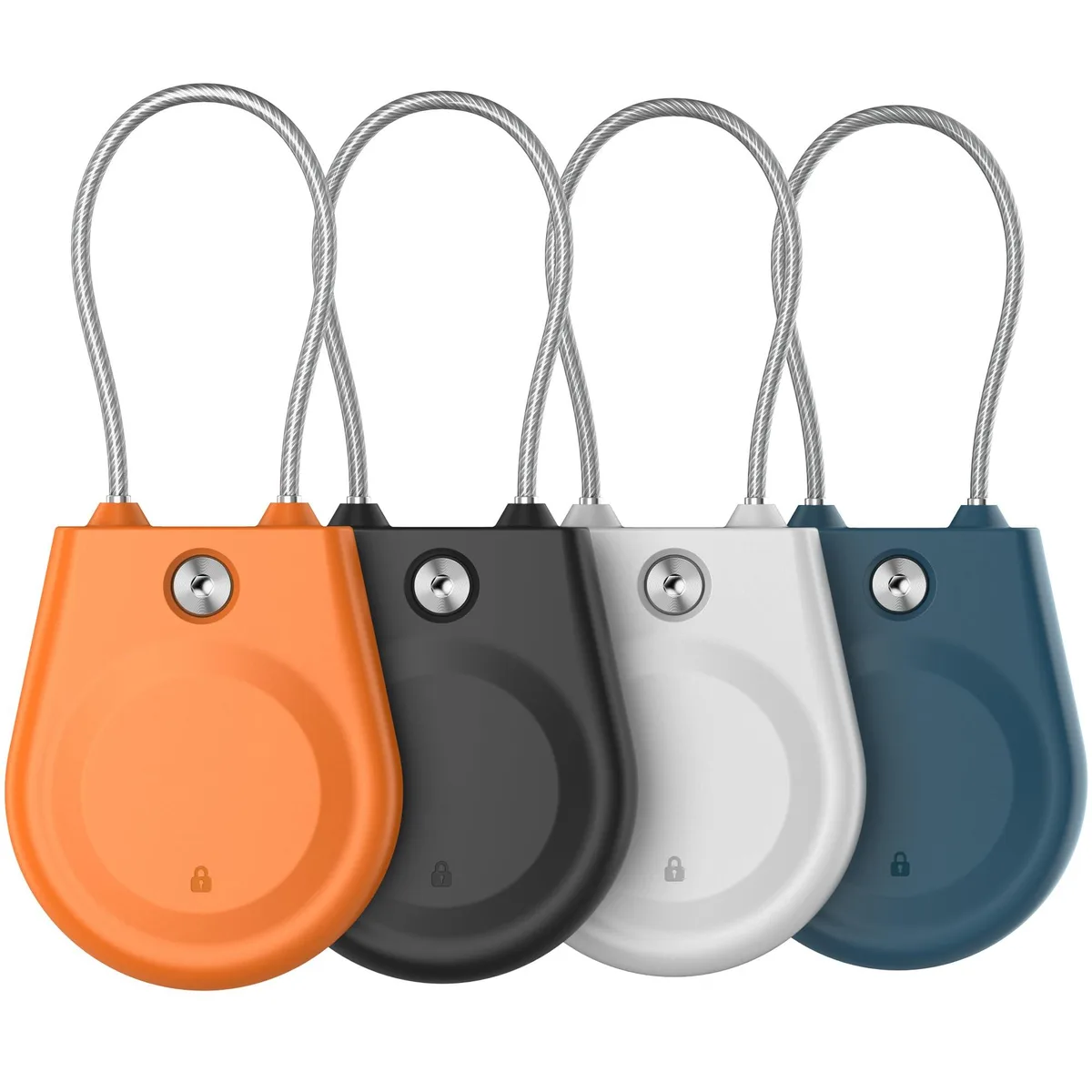 Four coloured AirTag lock cases with steel cables, black orange white blue