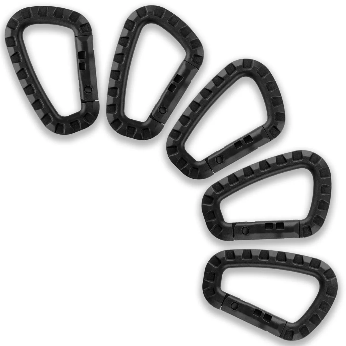Five black ABS plastic D-shaped carabiners with spring gates and ribbed finish
