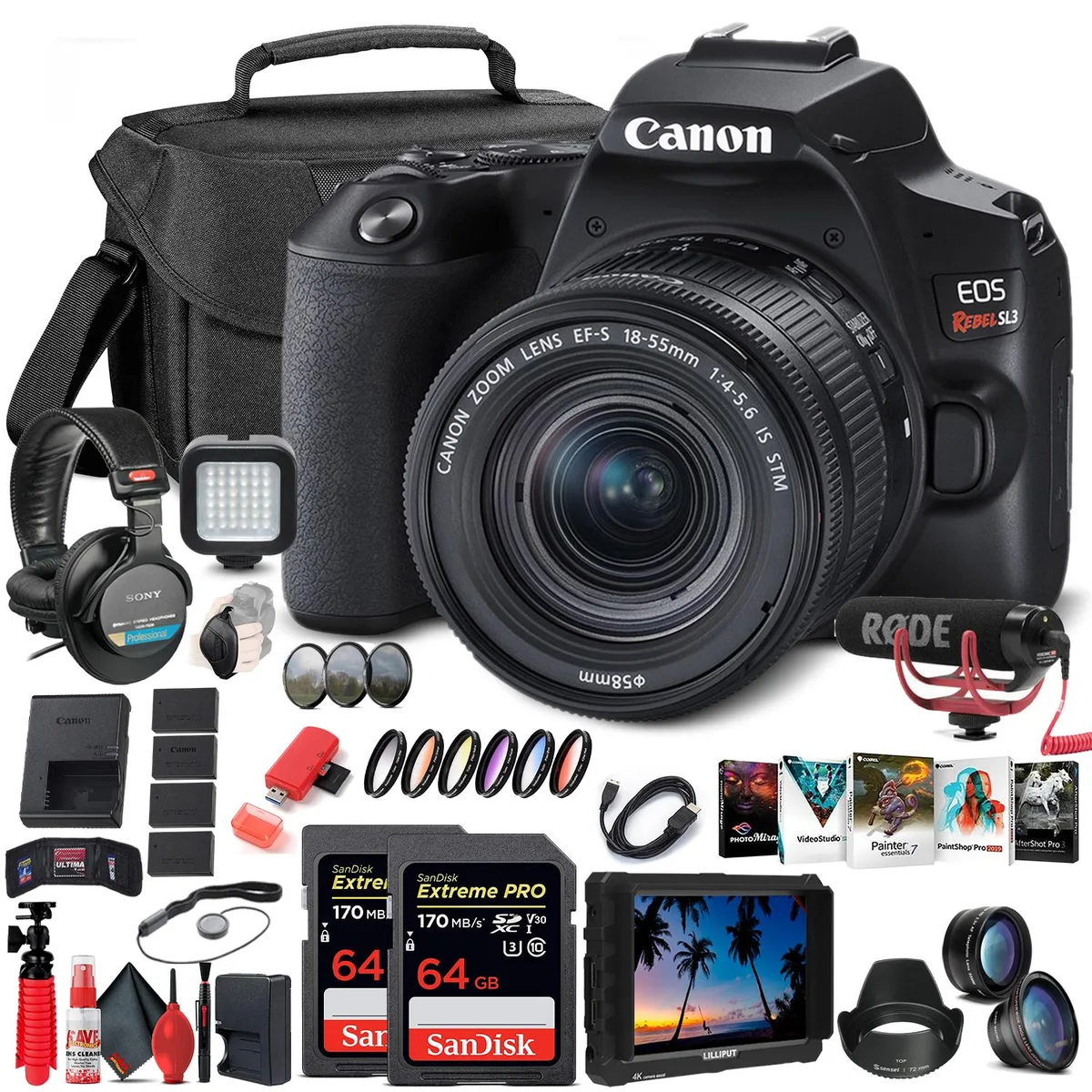 Canon Canon EOS Rebel SL3 DSLR camera with 18-55mm lens, extra storage bundle — product photo