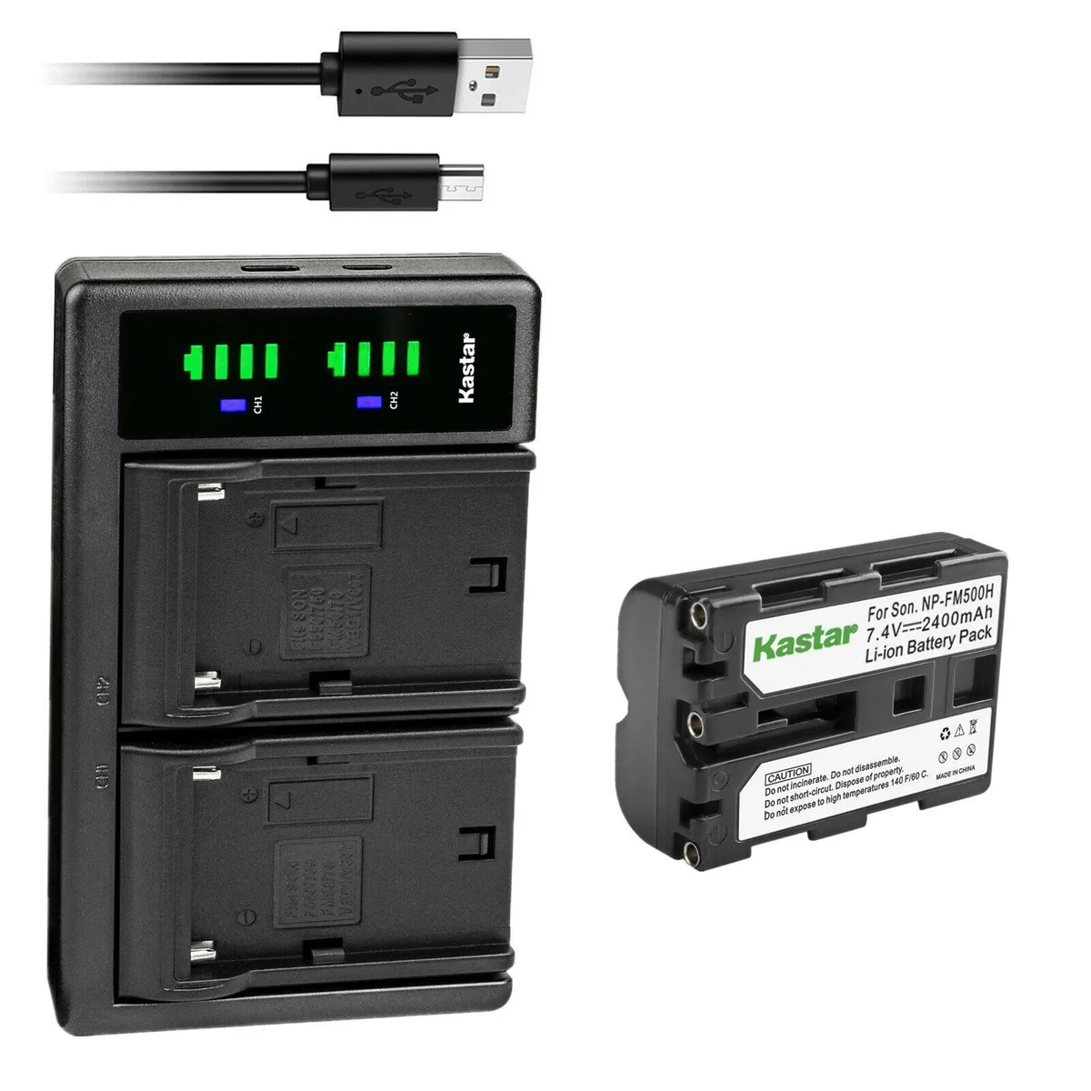 Kastar Kastar NP-FM500H 2400mAh battery and LTD2 USB charger — product photo