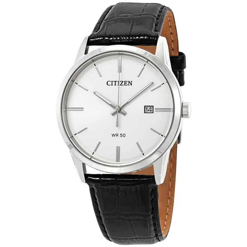 Round 39 mm stainless steel case, white dial, date window, black leather strap with pin buckle