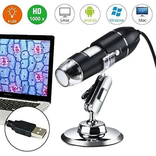 Black cylindrical digital microscope with eight adjustable LEDs and USB cable