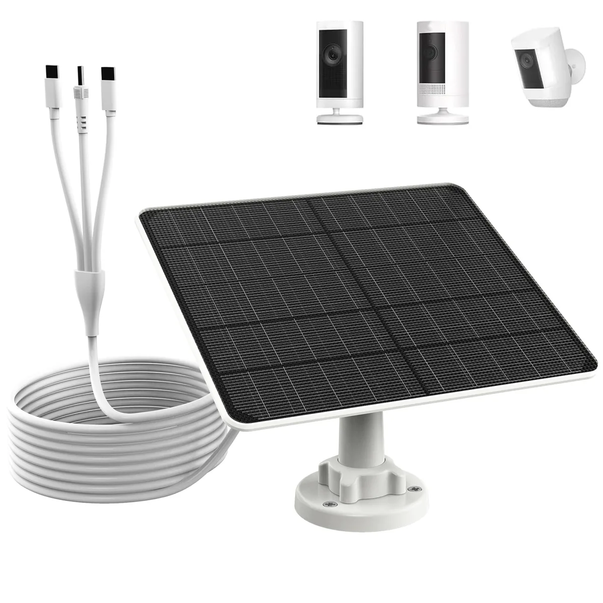 Rectangular 6W solar panel with three output ports and a 360-degree adjustable mount