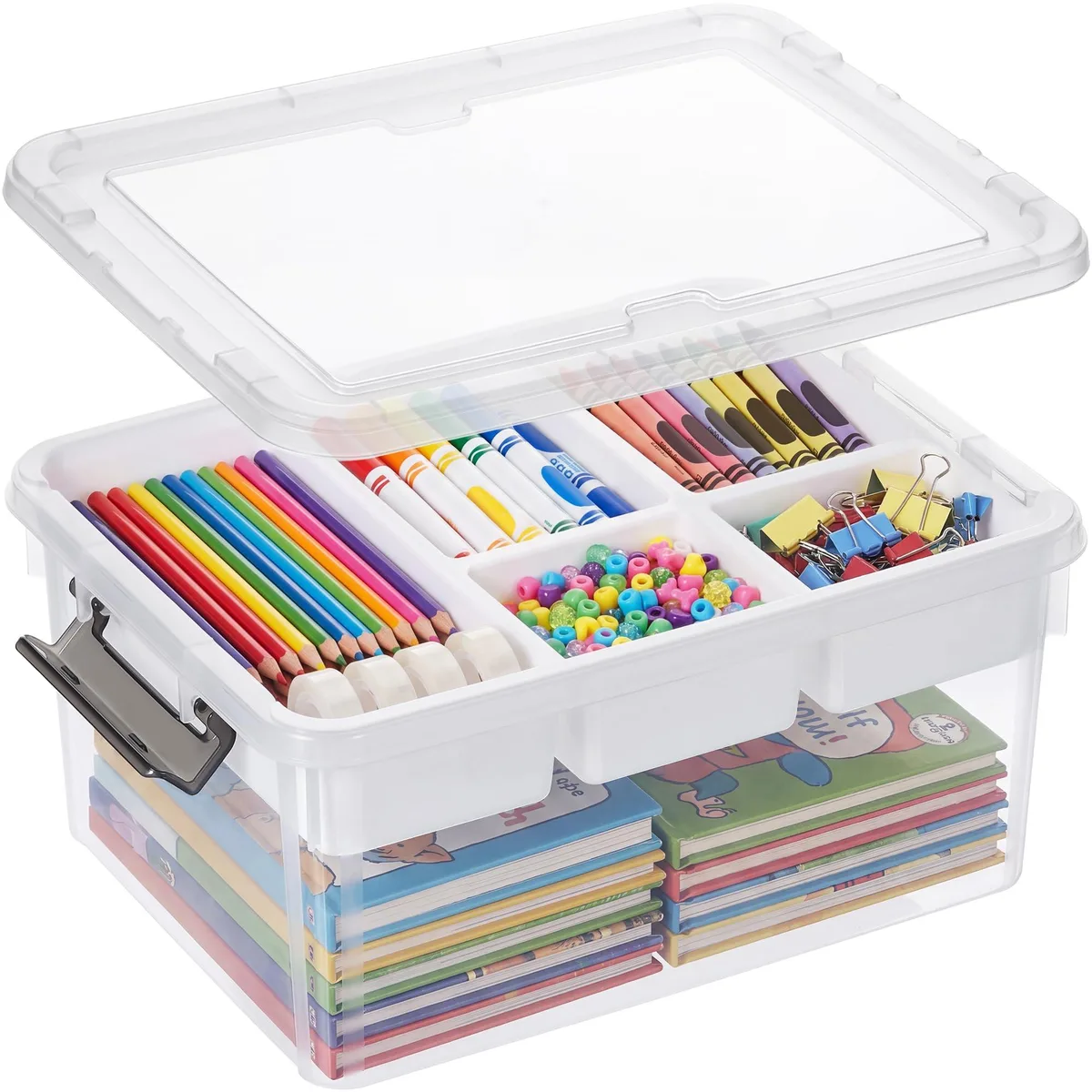 Clear rectangular storage box with removable top tray and lid
