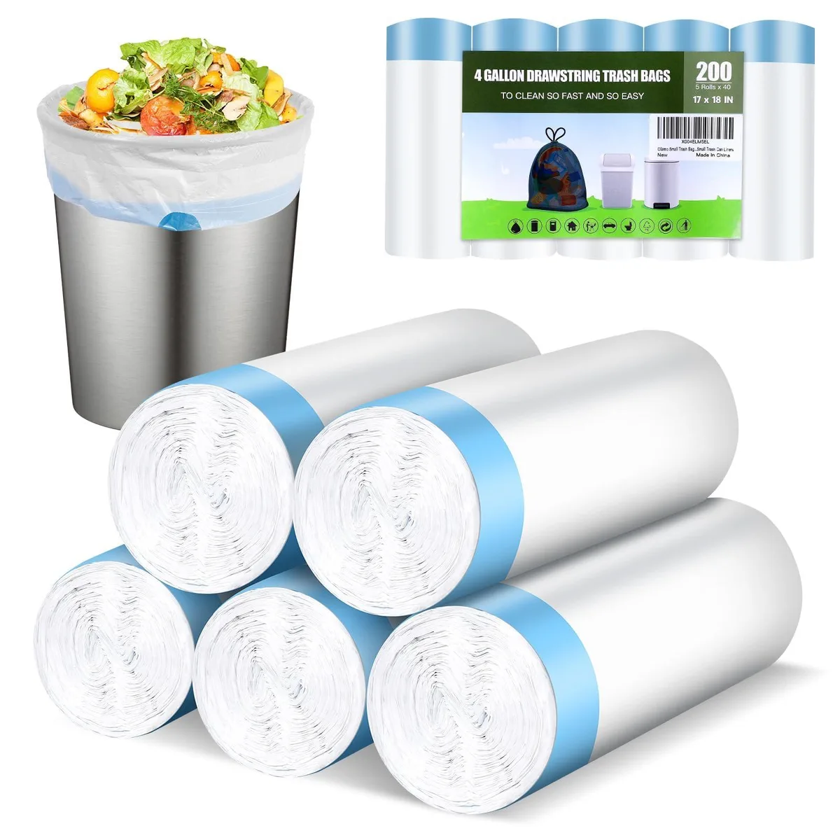 White drawstring trash bags on rolls, 200-count pack