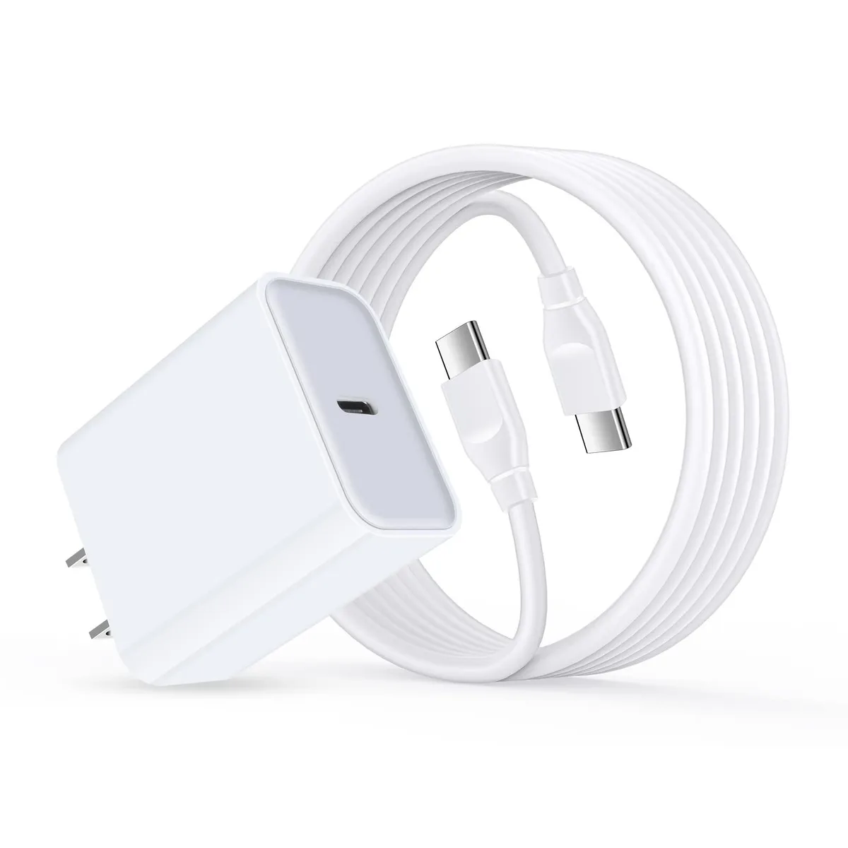 Compact white USB-C wall charger with a long matching cable coiled beside it