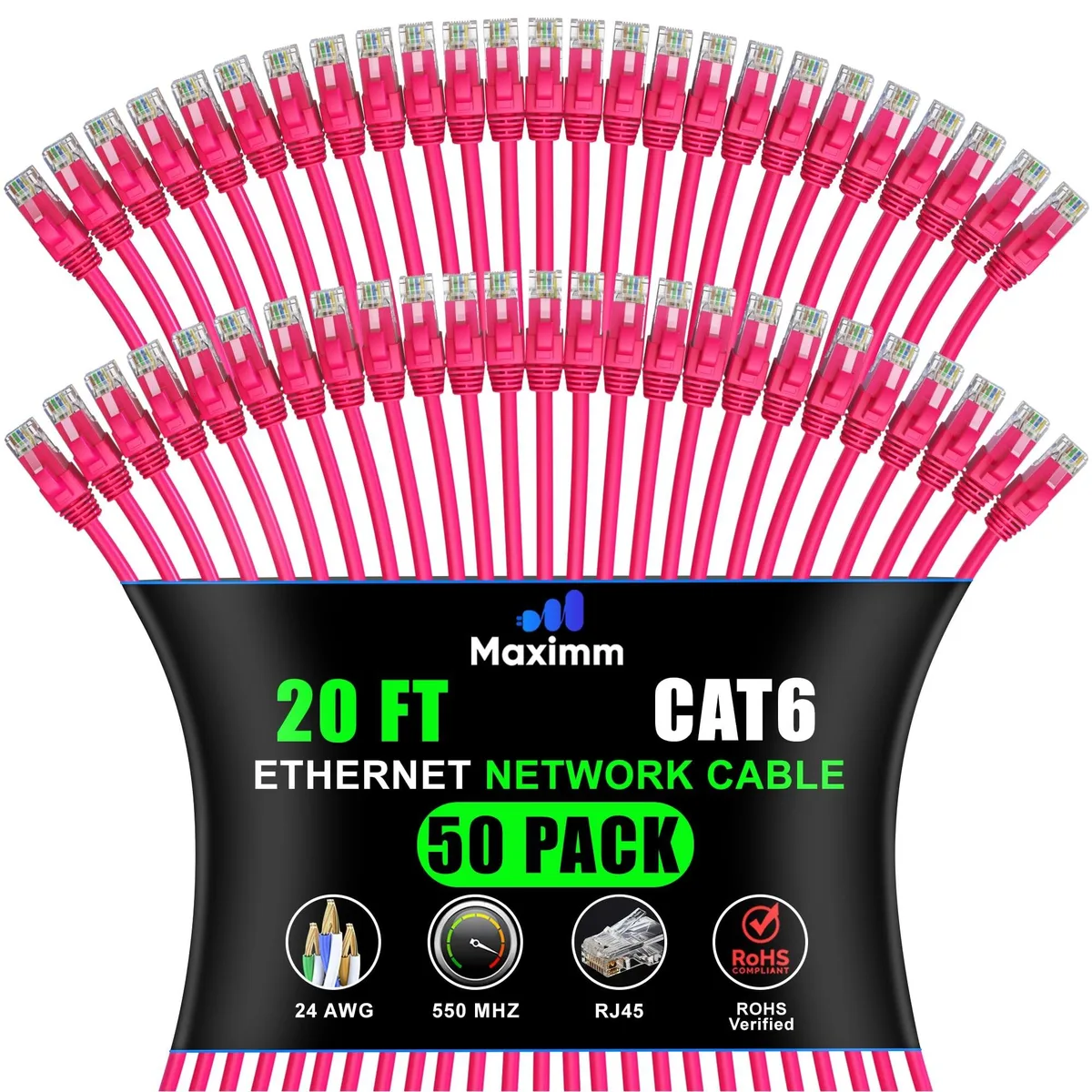 maximm Maximm Cat 6 Ethernet Cable 20 ft 50-Pack Pink 2 in 1 Accessories — product photo