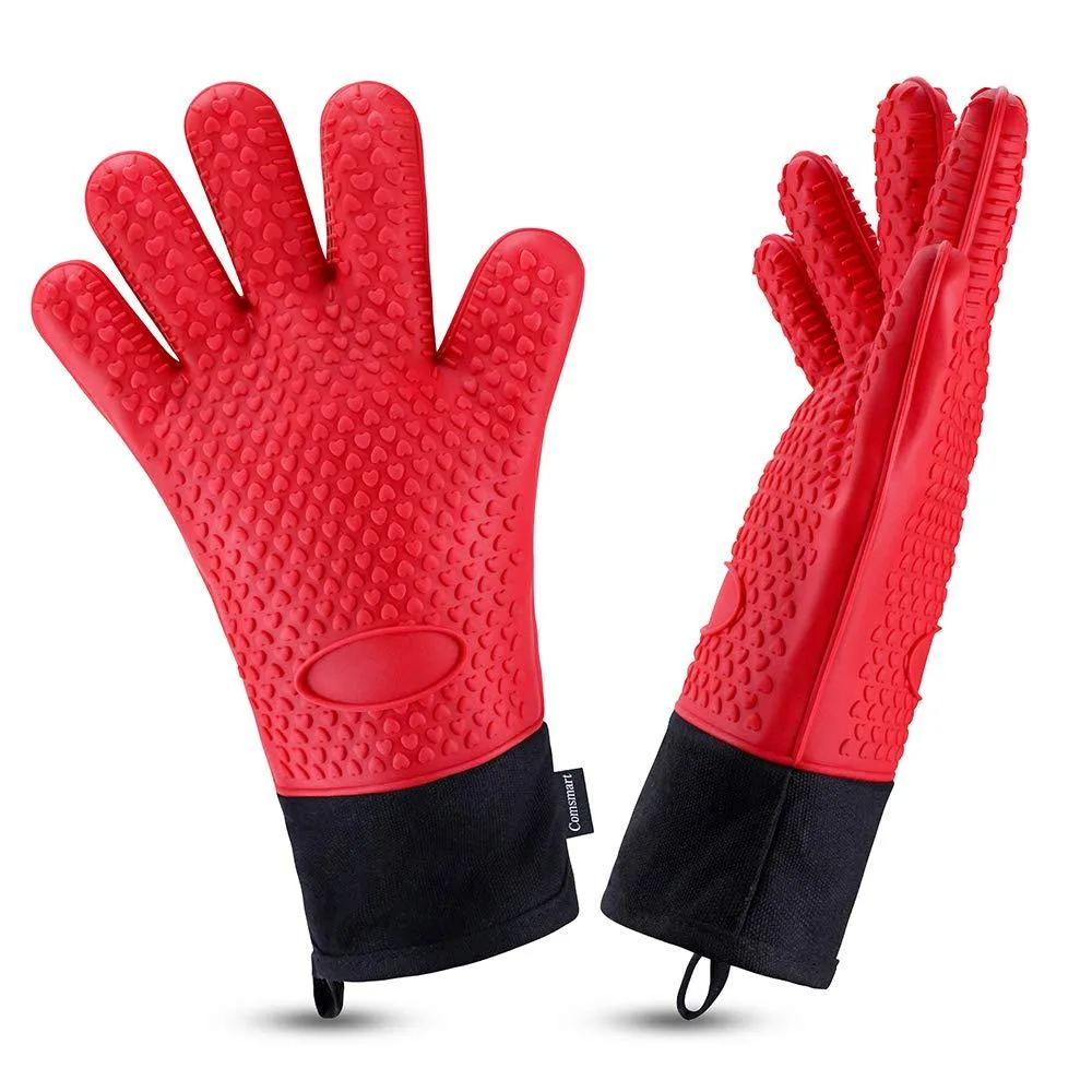 Red silicone-and-cotton BBQ gloves, 13.7 in long, heat resistant to 446°F