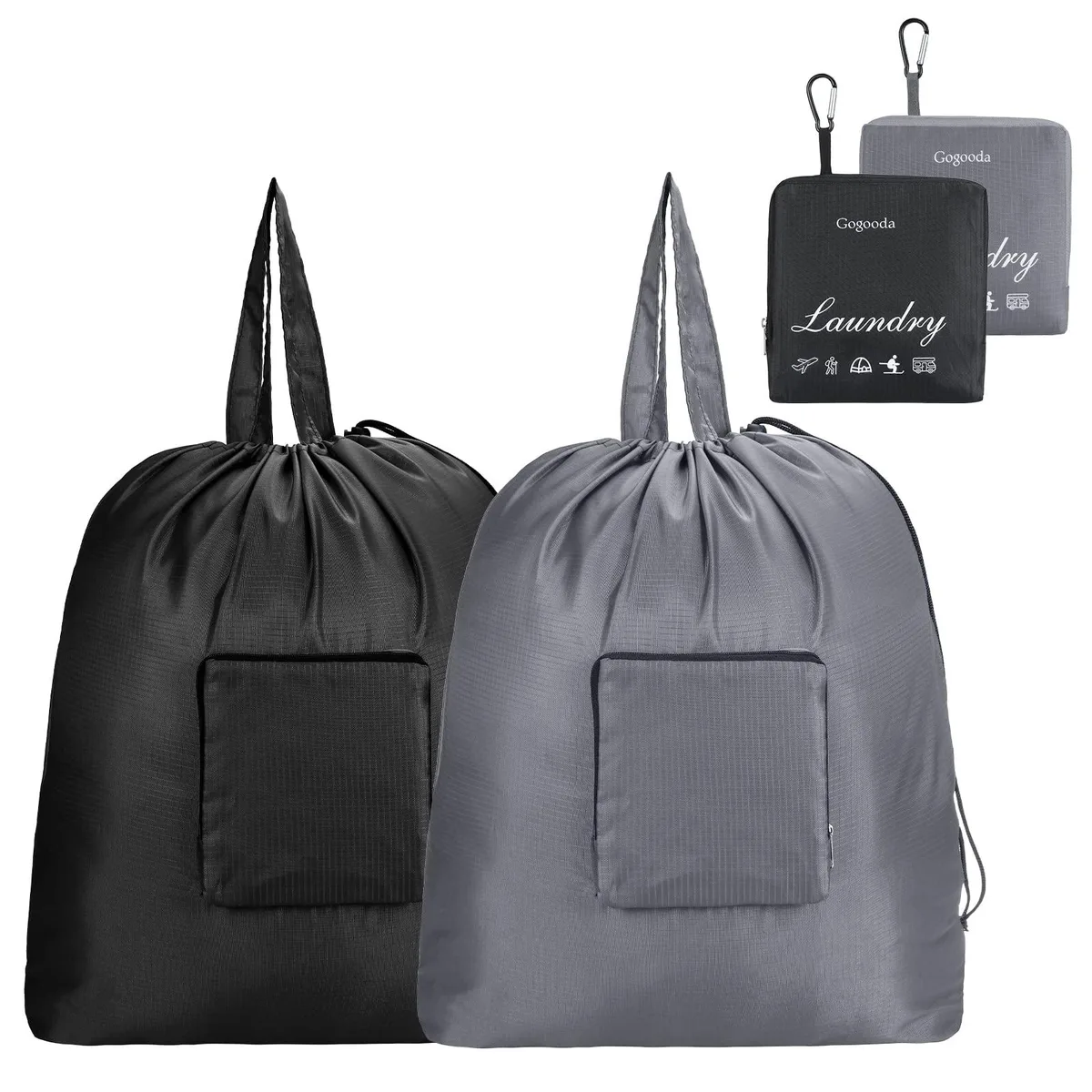 Beige rectangular nylon laundry bag with drawstring top and carry handle, folded pouch attached