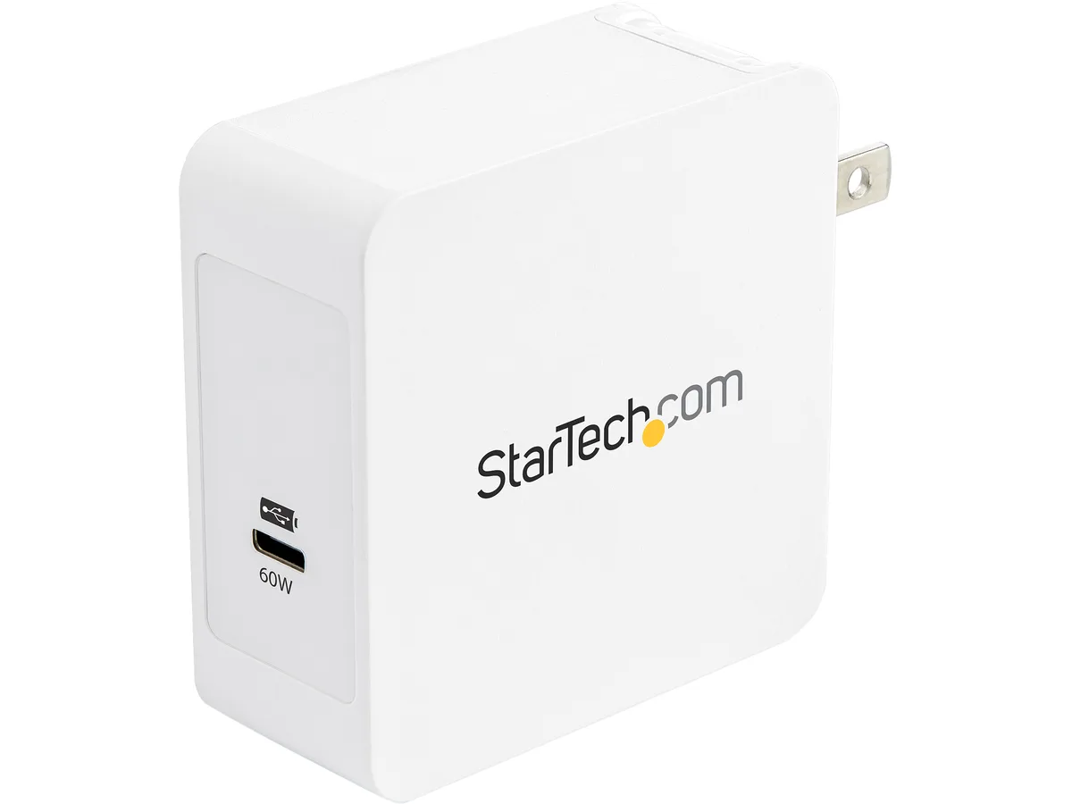 White compact USB-C wall charger with foldable NEMA plug and included cable