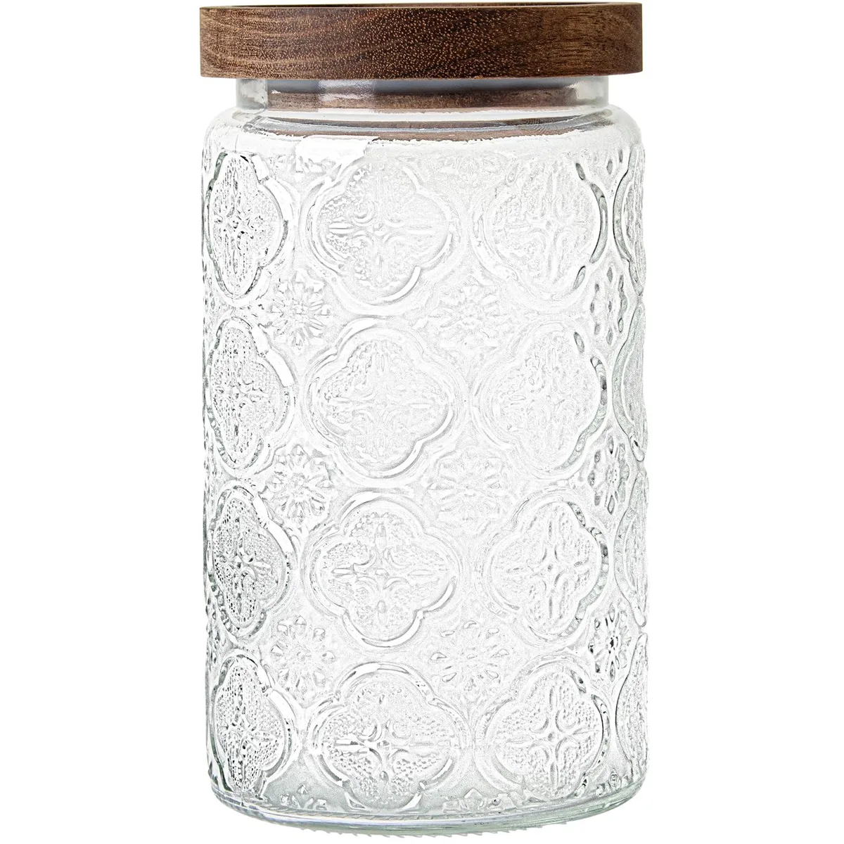 Clear glass storage jar with wooden lid and embossed cameo design, 3.86 by 3.86 by 6.69 inches
