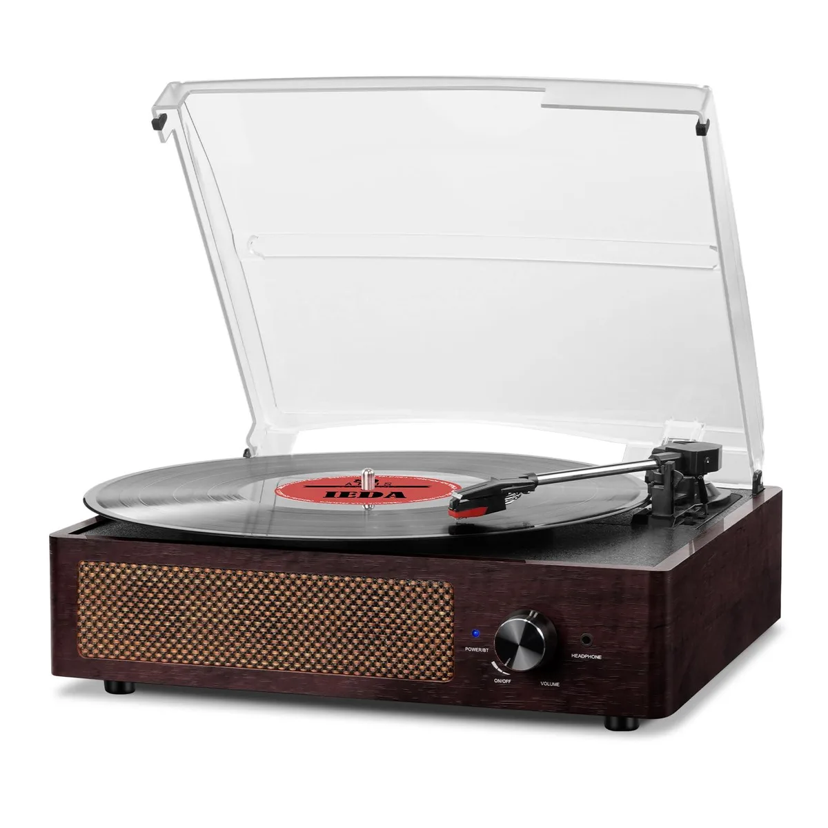 Brown vintage-style suitcase turntable with textured finish, built-in speakers and hinged dust cover