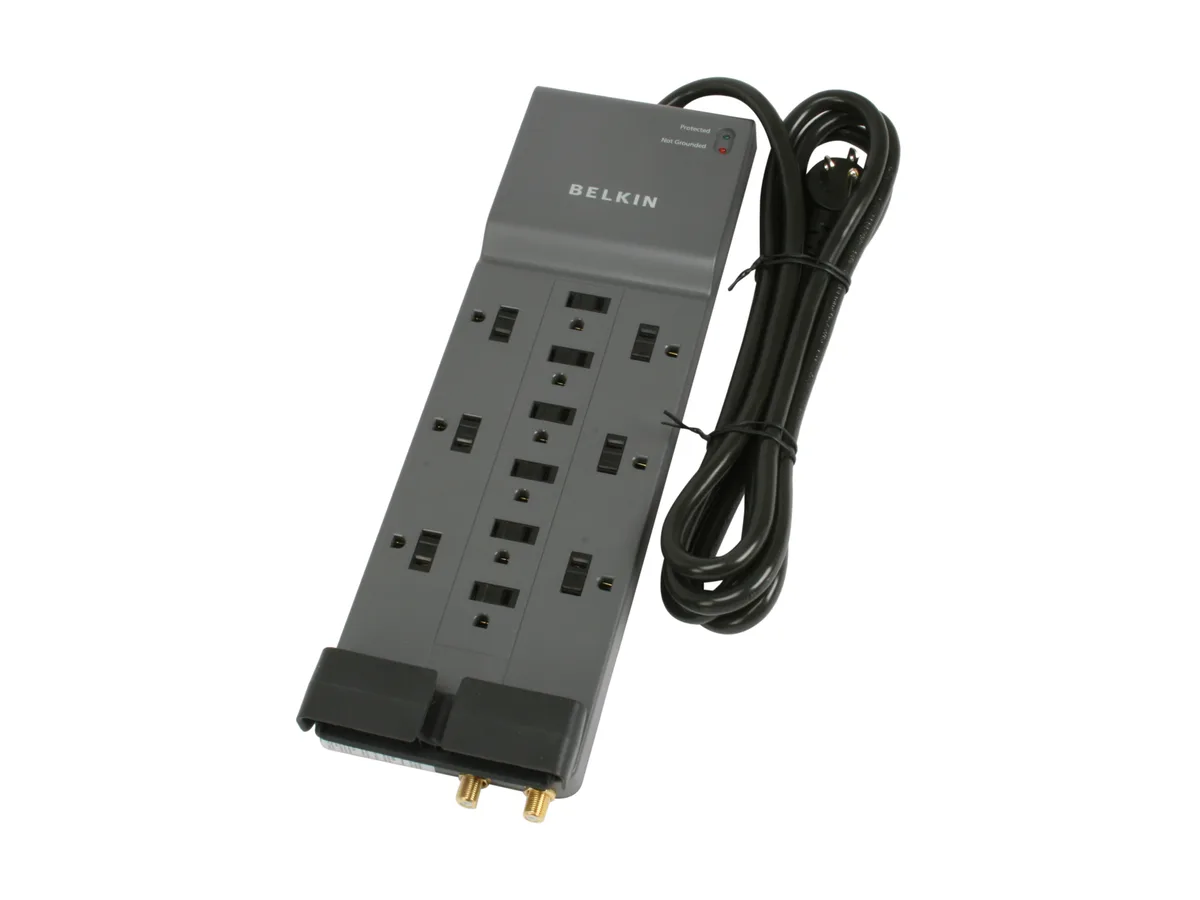 Grey rectangular surge protector with twelve outlets and an eight-foot cord