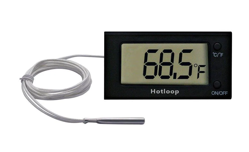 White digital oven thermometer with LCD display and stainless steel probe