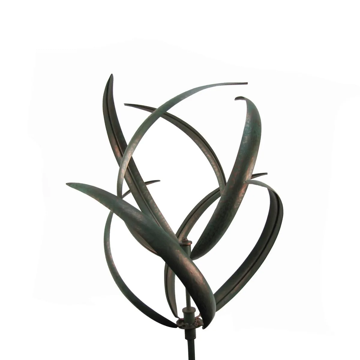 Tall rustic metal wind spinner with dual verdigris blades on ground stake