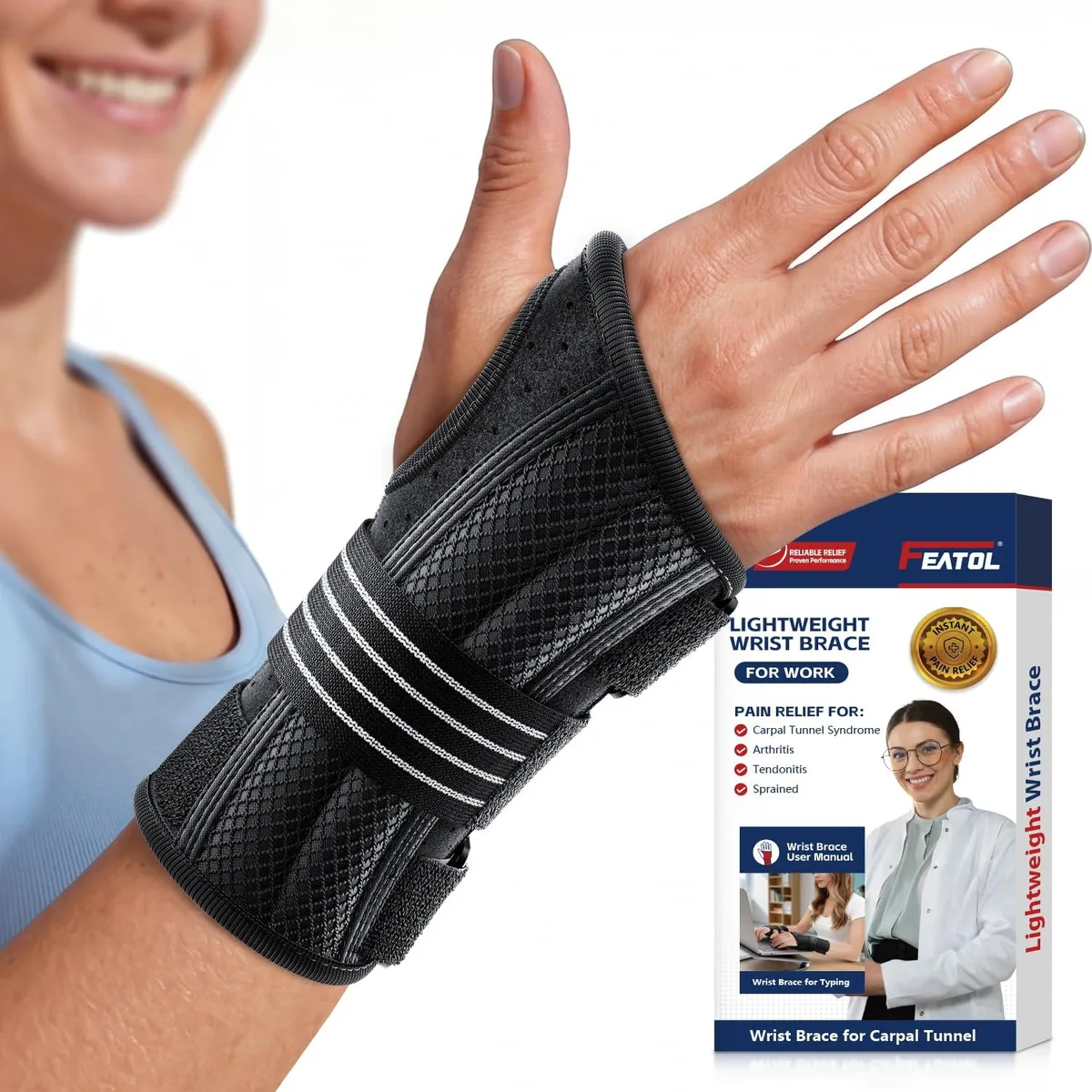 Black wrist brace with rigid splint and three adjustable straps