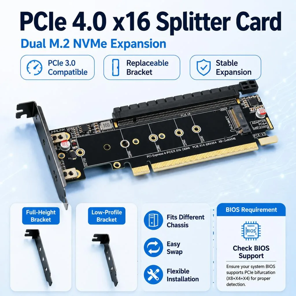 HOOCCC HOOCCC Dual M.2 NVMe PCIe 4.0 x16 Splitter Card x8 x4 x4 Hard Drive Adapter — product photo