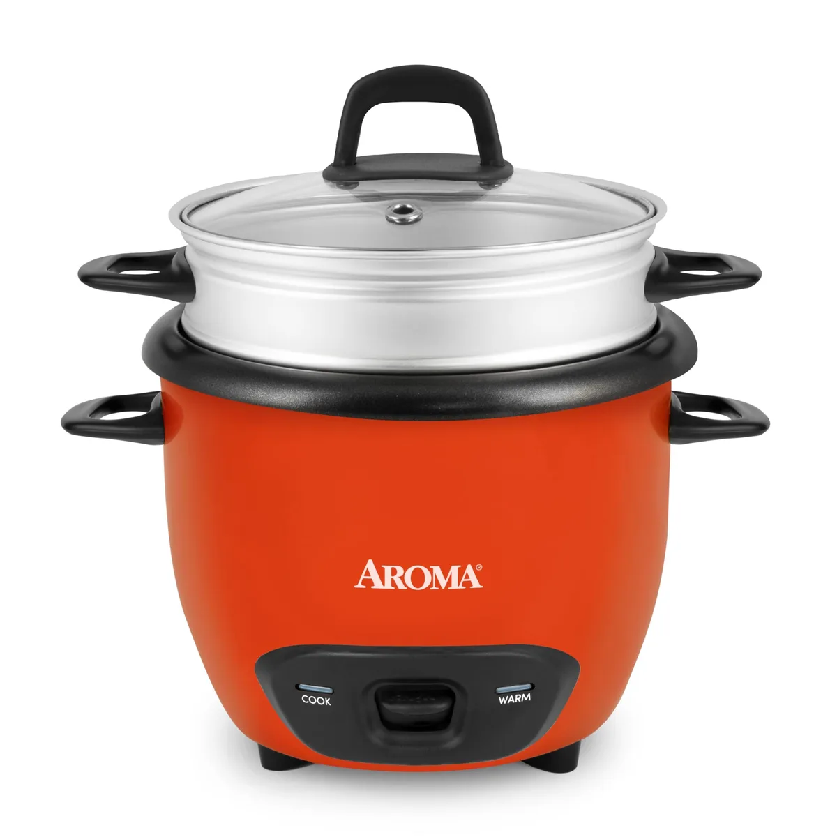 Orange rice cooker with glass lid and compact rounded shape
