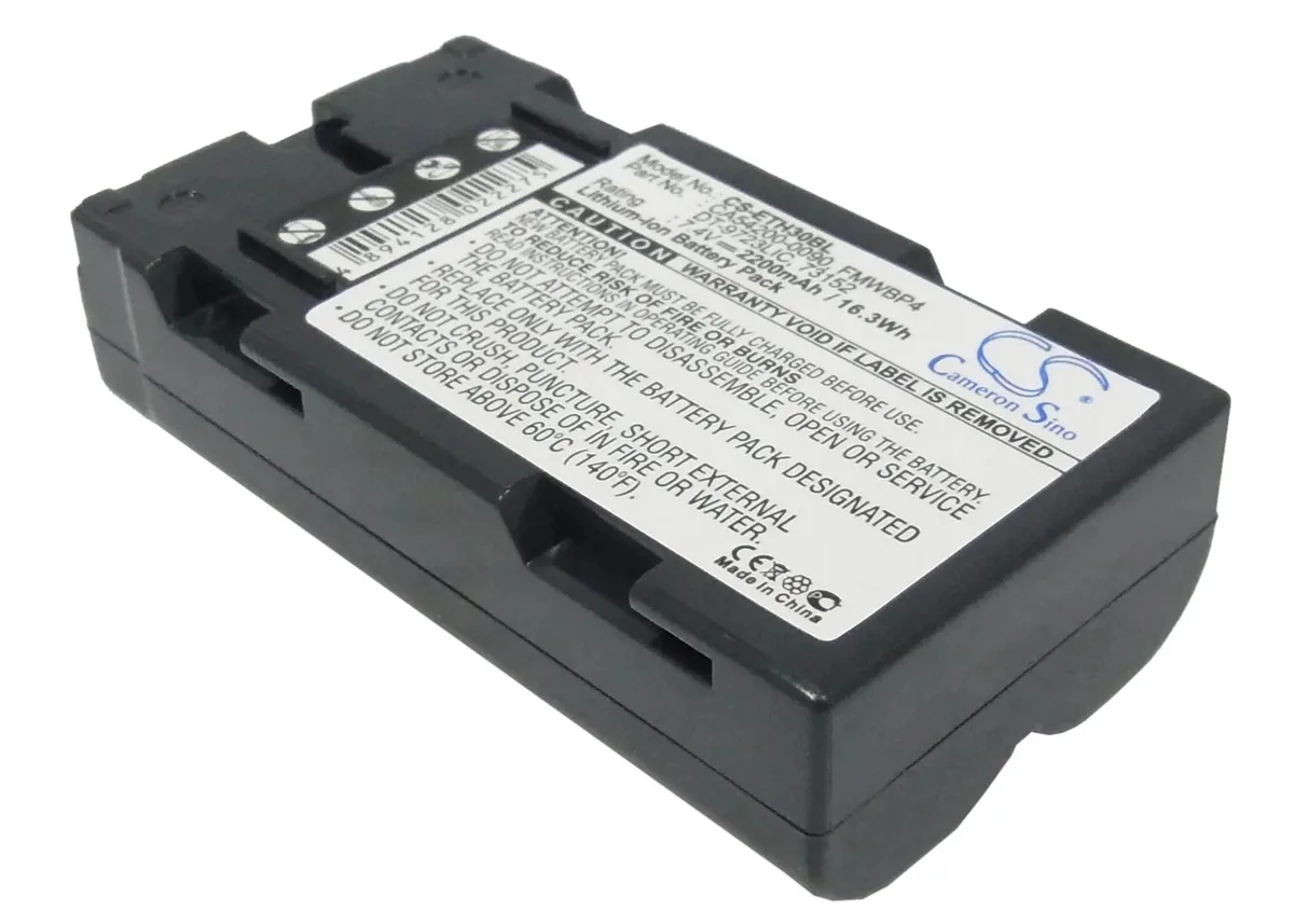 Rectangular black battery pack with label and connector